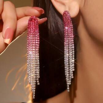 Luxury Long Gradient Pink Fuchsia Rhinestone Tassel Earrings