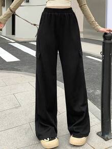 1件装少女户外休闲宽松多口袋工装裤 - 黑色 - 查看 4