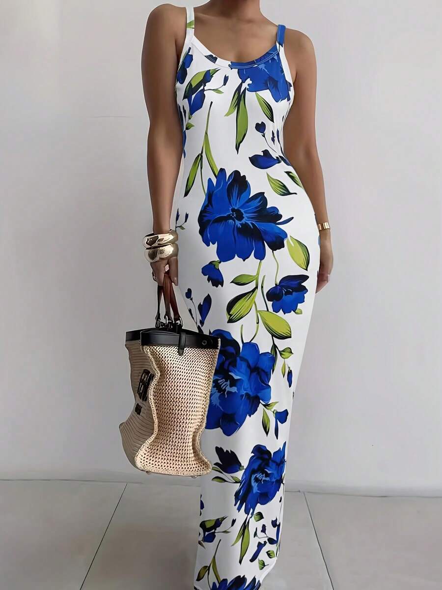 Elegant Women's Floral Print Bodycon Maxi Dress, Yellow Print Slim Camisole Dress, Polyester Knitted Fabric, Women's Round Neck Sleeveless Maxi Dress, Suitable For All Seasons, Backless Dress - Blue - View 1