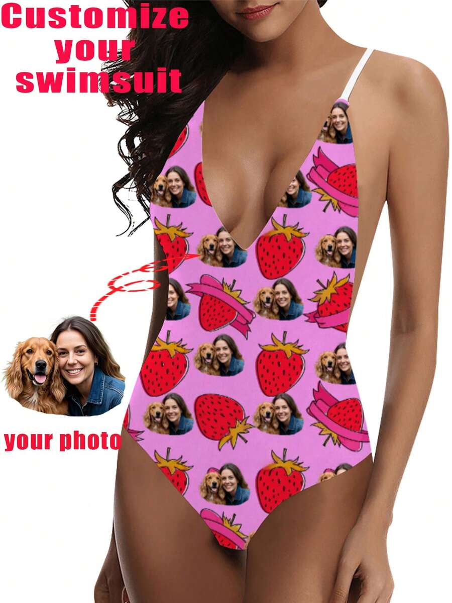 1pc Custom Made Women One-Piece Swimsuit, Pink Strawberry High Waist Backless Sleeveless Swimwear, Teenage Girl Style, For Pool, Beach, Holiday - Multicolor - View 1