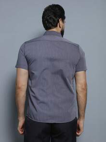 Short Sleeve Slim Fit Striped Dress Shirt, Does Not Wrinkle Easily - Grey - View 2