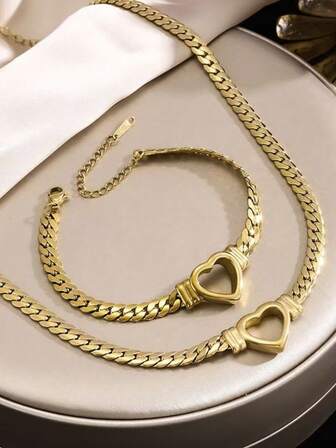 1 Set Fashion Hollow Heart Stainless Steel Jewelry Set (1pc Necklace + 1pc Bracelet), Suitable For Women To Wear For Parties Or As Festival Gifts For Mothers