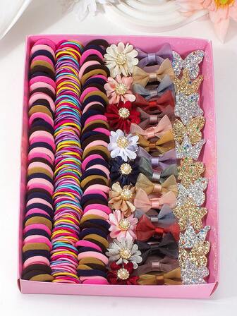 220 Stücke Haarspangen für Mädchen mit niedlichen Blumen & Strass, Organza Schleifen Haargummis, Haargummis mit Glitzersternen, kleine Kronen Haarclips, Schmetterling Haarschmuck Set, rosa & mokka Farbe