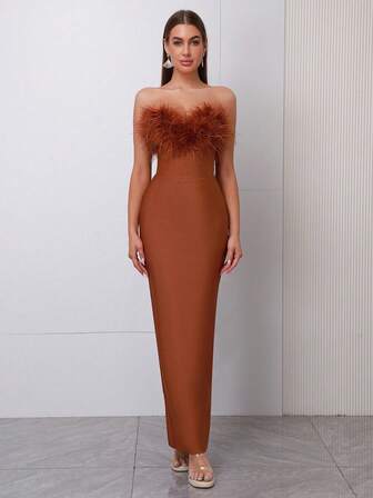 Sexy Off-Shoulder Sleeveless Backless Bandage Dress With Faux Feather Decor, Formal Gown For Holiday Party, Wedding Guest, Bridesmaid, Christmas, Birthday, Elegant Evening Cocktail Dress