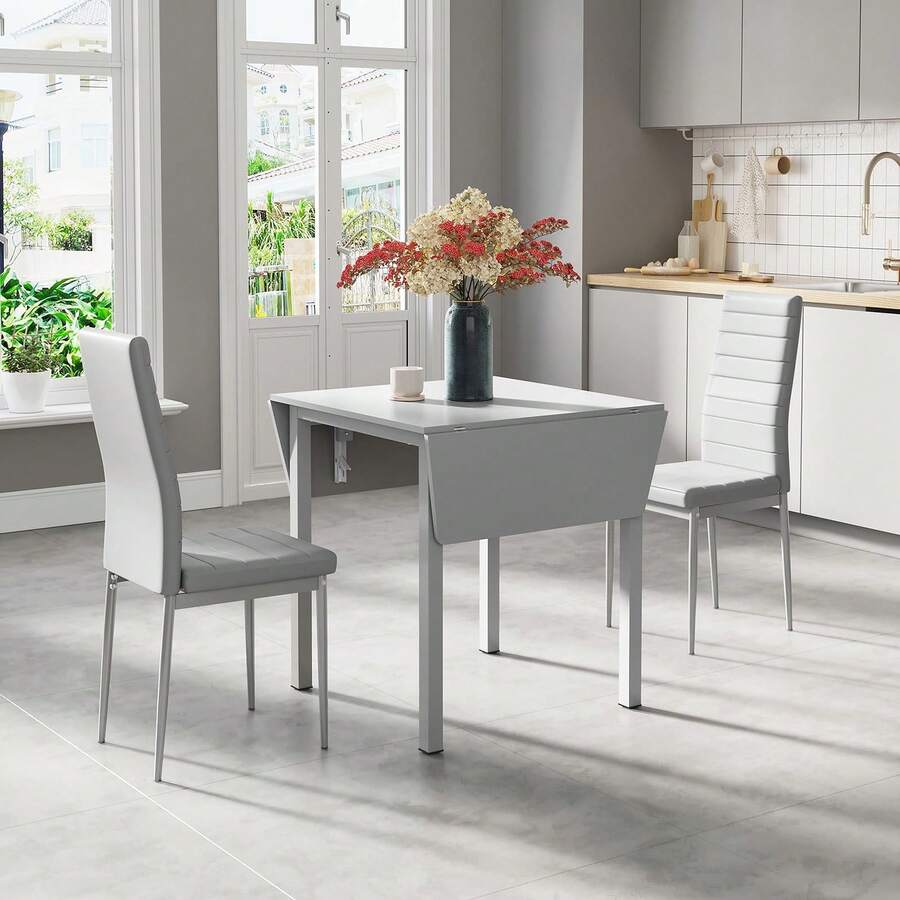 Dining Table And Set Of 2 Chairs, Drop Leaf Kitchen Table With PU Leather High Back Chair, Grey
