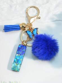 1 Móc khóa chữ cái tiếng Anh bằng nhựa Epoxy hình bầu trời đầy sao có tua rua và quả cầu lông trang trí, món quà đáng yêu cho bạn bè và các bà mẹ Phụ kiện ô tô Túi xách Ba lô cho trường học Dễ thương theo phong cách Goth Y2k - Tương phản màu xanh hoàng gia - Xem 25