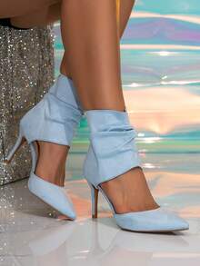 Fall/Winter Women High Heel Boots, Fashion Ankle Boots, Light Blue Boots, Hollow-Out Boots, Ruched Boots, Back Zipper Boots, Pointed Toe Slim High Heel Boots, Light Blue High Heel Boots, Back Zipper Ankle Boots, Brown Boots, Sky Blue Hollow Toe Boots, Elegant Summer Boots, Mother's Day Gift,Boots For Women - Baby Blue - View 4