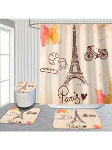 [1/4 peças Conjunto de Cortina de Chuveiro da Torre Eiffel] 1/4 peças Conjunto Elegante de Cortina de Janela do Banheiro, com 12 Ganchos, Acessórios de Decoração de Banheiro, Conjunto de Cortina de Chuveiro Impermeável de Poliéster, Adequado para Todas as Férias Volta às Aulas