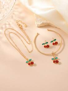 4 件优雅水晶莱茵石绿叶和红樱桃吊坠项链、手镯、耳环首饰套装、可爱的日常配饰、理想的礼物 - 均碼 - 查看 3