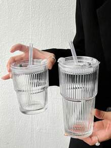 1pc Transparent Glass Cup, With Striped Pattern Lid And Straw, Elegant Glass Drinking Cup With Lid And Straw, Vertical Stripe Design, Portable And Simple Style Cup For Water, Tea Or Coffee, Stylish Home Drinking Glass Suitable, With A Highly Attractive Ins Style, Comes With A Round Shape, With A Capacity Of 600 Ml, For Coffee, Juice And Tea, Perfect Choice For Home And Restaurant, Mother's Day And Easter Gift.