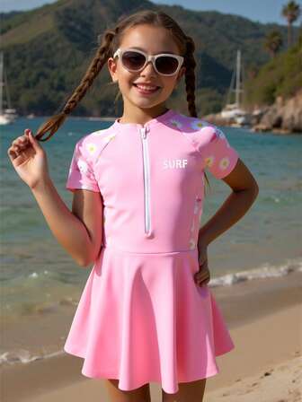 3pcs Girls' Swimsuit Set: Short Sleeve Dress-Style Shorts & Swim Cap