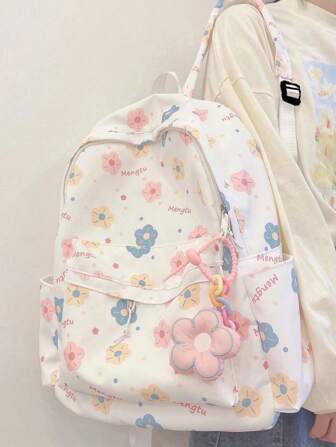 Cute Cartoon Print Color Block Backpack For Girls, Casual School Bag Travel Daypack With Large Capacity And Flower Pendant(Random Printing Position)