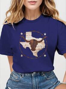 Longhorn Texas Wood Textured Steer Head Pure Cotton Women's T-Shirt Comfort Fit