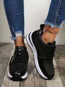 Women's Lace-Up Black Sequin Color Block Low Top Casual Sneakers, Women's Fashion Comfort Lightweight Minimalist Design Platform Shoes, Outdoor Versatile Skateboard Shoes, Thick Sole Elevator Shoes - Black - View 3
