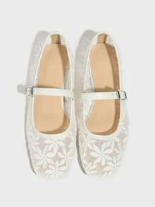 Bailarinas planas blancas para mujer con bordado floral, sandalias de verano con malla transpirable y recortes, diseño de punta cuadrada apta para pies anchos, estilo de tipo Mary Jane - Blanco - Ver 5