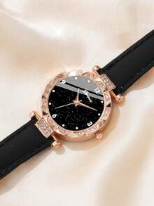 6 件套女士皮带时尚钻石花瓣数字表盘石英表 + 手链套装，母亲节礼物，生日礼物 - 黑色 - 查看 3