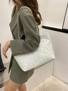 黑色PU时尚简约大容量菱格纹金属链条拉链单肩手提包，适合女性日常通勤、旅行、度假、聚会、朋友聚会、送给女友的生日礼物、情人节礼物、工作包、书包、大学必备单品 - 白色 - 查看 9