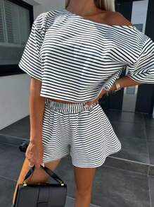 2-Piece Women Summer New Ribbed Knit Loose Casual Asymmetrical Neck Short Sleeve Elastic Waist Shorts Pajama Set, Suitable For Home Use