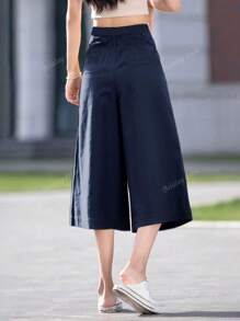 Women's Summer Solid Color Casual Wide Leg Loose 7/4 Length Pants With Pockets, Suitable For Daily Casual, Outdoor & Vacation Wear