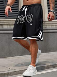 Men Plus Letter Graphic Striped Trim Drawstring Waist Shorts Going Out Athletic Basketball Shorts - Black - View 1
