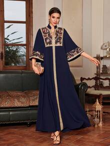 Kexmon Women's Elegant V-Neck Floral Embroidered & Sequin Arabic Style Long Dress - Blue - View 6