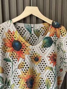 女士时尚花卉镂空设计针织毛衣 - 杏色 - 查看 3