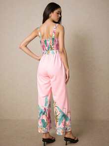 Mono Holgado Para Mujer Con Tirantes Espagueti  Mono informal con estampado todo sobre sin espalda y pierna ancha para mujeres de vacaciones mono largo para mujer informal con estampado mono con tirantes Holgado de pierna ancha con cintura y cinturón asimétrico con estampado de moda para mujer de verano con estampado floral , hombros con cordones y corte en la cintura para vacaciones y playa, para mujeres - Rosa - Ver 3