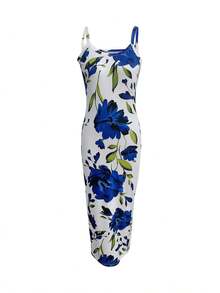 Elegant Women's Floral Print Bodycon Maxi Dress, Yellow Print Slim Camisole Dress, Polyester Knitted Fabric, Women's Round Neck Sleeveless Maxi Dress, Suitable For All Seasons, Backless Dress - Blue - View 3
