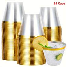 25 件，9 盎司一次性透明塑料杯，带金色边框，适用于饮料冰咖啡冰沙果汁牛奶冷饮，家用商用水杯，饮具，派对用品，厨房小工具，家庭厨房配件 - 清澈的 - 查看 1