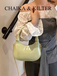 CHAIKA & KILTER 1 件亮面 PU 材质手提包，女士时尚新月形顶部手柄腋下包，可拆卸金属链，拉链开合，适合日常和户外使用 - 綠色 - 查看 7