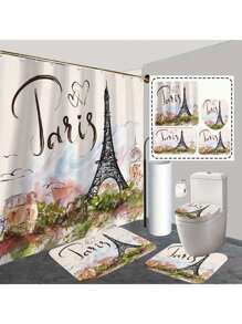 [1/4 peças Conjunto de Cortina de Chuveiro da Torre Eiffel] 1/4 peças Conjunto Elegante de Cortina de Janela do Banheiro, com 12 Ganchos, Acessórios de Decoração de Banheiro, Conjunto de Cortina de Chuveiro Impermeável de Poliéster, Adequado para Todas as Férias Volta às Aulas