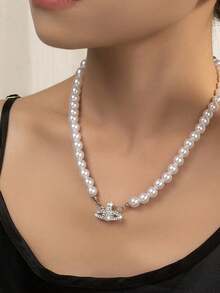 1pc Women's Fashionable Sparkling Heart Star Pearl Necklace With Earrings Set, Gold Tone - White - View 4