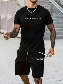 Men's Set Los Angeles Modern Style Printed 100% Cotton T-Shirt + Tectel Shorts Men's Fashion Streetwear New Arrival - màu đen - Xem 1