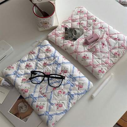 YOONI Koreański nowy wzór Bowknot Fresh Ditsy Floral Laptop Sleeve, miękka w dotyku podszewka do torby na tablet, 11/13/15-calowy laptop/tablet etui do przenoszenia dla kobiet powrót do szkoły