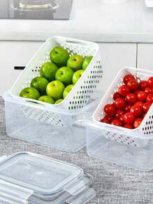1pc/3pcs Refrigerator Storage Box With Lid, Removable Drain Basket, Multi-Function Food Divider, Plastic Food Storage Containers For Organizing And Storing Beverages, Fruits, Vegetables, Meat, Salads, Kitchen Utensils, Pantry Items, Suitable For Outdoor, Camping