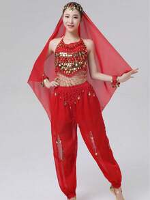 Women's Style Sparkling Belly Dance Three Pieces Set: Sequined Top + Lantern Pants + Headscarf Set For Halloween Carnival Party Stage Performance Costume