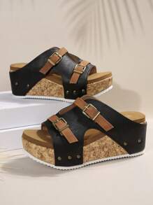 2025 Summer New European And American Fashion Double Buckle Rivet Decor Casual Plus Size Wedge Platform Slide Sandals