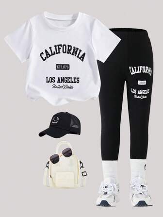 2 件年轻女孩字母印花圆领宽松 T 恤和黑色紧身裤套装，休闲时尚风格，夏季