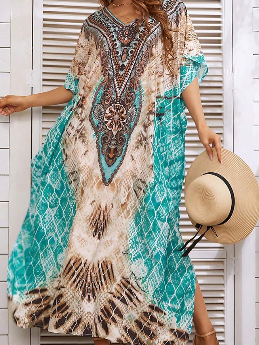 女士性感 V 领印花泳衣罩衫半袖加大码开边沙滩长袍连衣裙