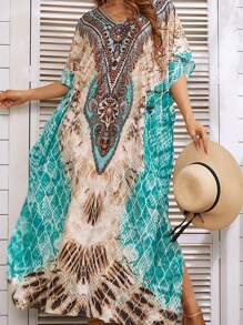 Women Sexy V Neck Print Bathing Suit Cover Ups Half Sleeve Plus Size Open Side Beach Kaftan Dresses