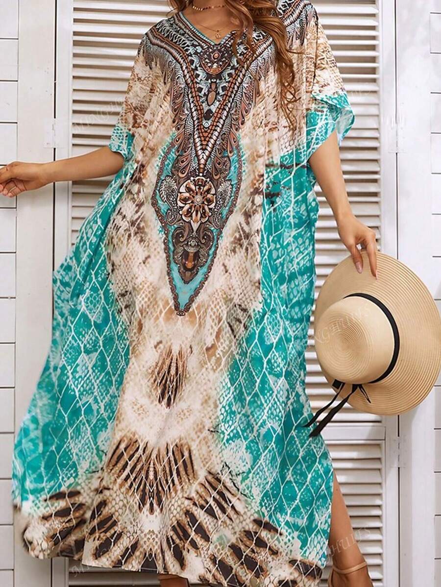 Women Sexy V Neck Print Bathing Suit Cover Ups Half Sleeve Plus Size Open Side Beach Kaftan Dresses