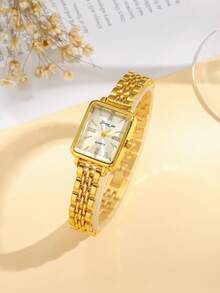 1 件简约高品质矩形表盘钢带石英表，适合生日礼物、年终促销、光棍节等。 - 金色 - 查看 3