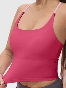 Women's Padded & Elastic Patchwork Sports Camisole Top, Yoga Strap Tank Summer - Hot Pink - View 5