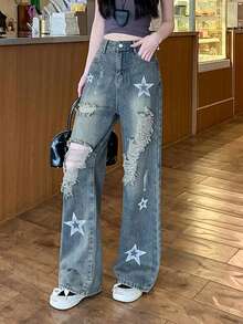 美国街头风格破洞宽松男友风牛仔裤，宽松阔腿设计