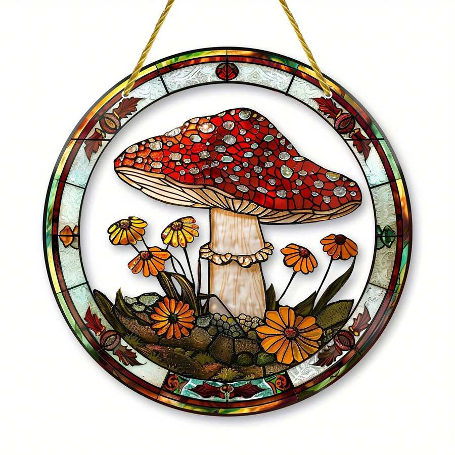 Mushroom Suncatcher - 20.32cm*20.32cm Acrylic Stained Glass Window Hanging, Autumn & Christmas Decor For Home, Office, Garden | Perfect Housewarming, Birthday, Or Holiday Gift Mushroom Home Decor - Multicolor - View 1