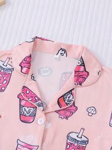 2pcs Girls Cartoon Milk Tea & Mushroom Print Short Sleeve Cardigan Pajama Set, Summer Thin Clothing For Children