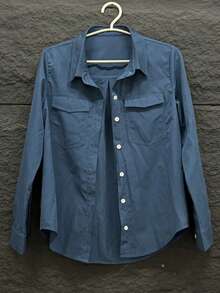 Women Pocket Classic Lapel Long Sleeve Casual Shirt - Navy Blue - View 3