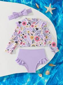 Baby Girl Floral Printed Long Sleeve Rash Guard And Solid Color Ruffle Bikini Bottoms With Headband - Purple - View 2