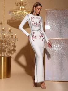 新款性感圆领长袖水钻花卉修身长款绷带连衣裙，优雅适合婚礼宾客、生日派对、女士礼服、晚礼服