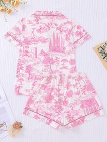 Marira 2pcs Painting Print Women Pajama Set, Short Sleeve Shirt Lapel Button Blouse & Elastic Waist Shorts, Sleepwear For Festivals & Party, Casual Indoor & Outdoor Wear For Women - Pink - View 2